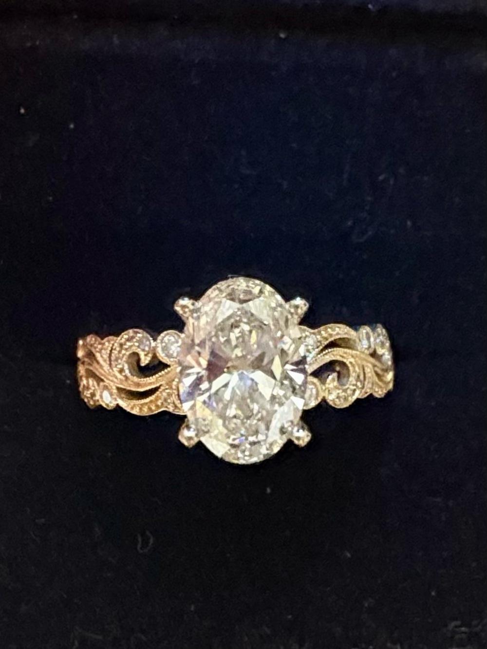 14K Vintage Look Filigree Diamond Ring with an Oval 2.03 Lab Created diamond